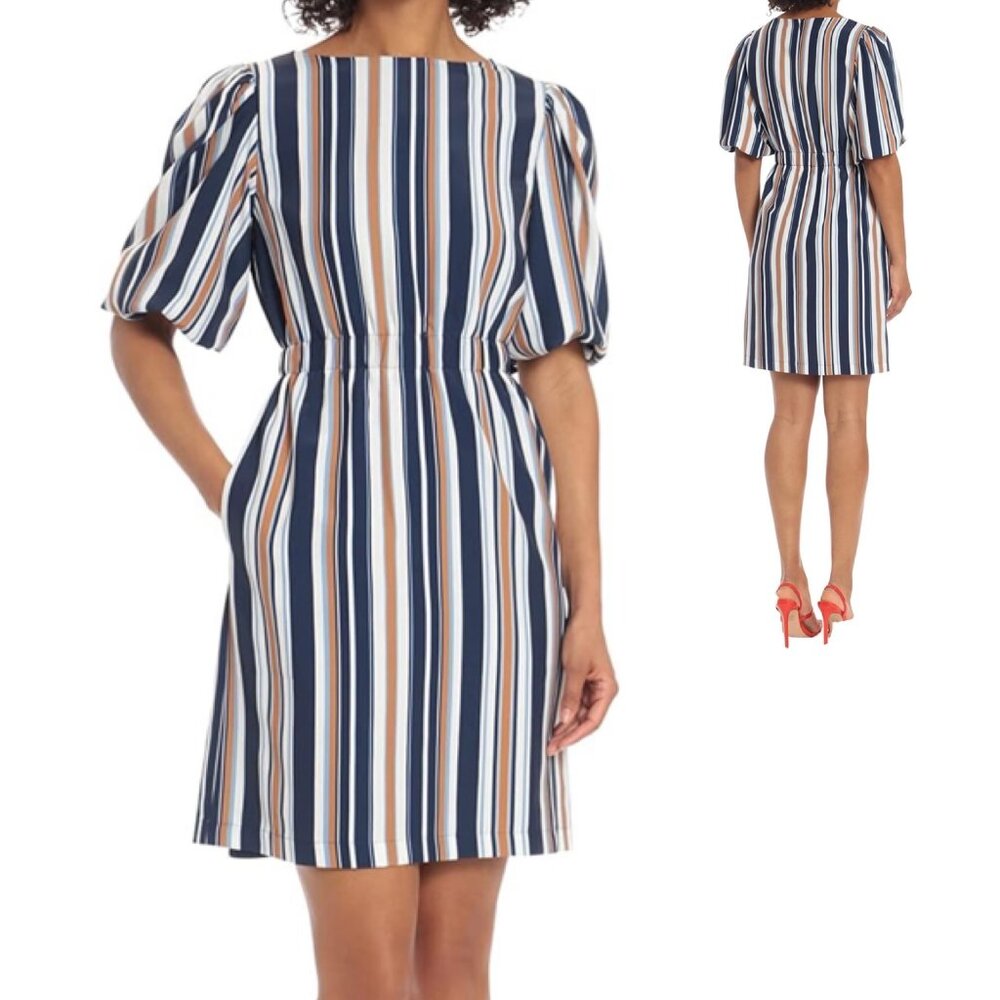 Maggy London Women's Blue Stripes Dress with Pockets / Puff Sleeves Plus Size 14